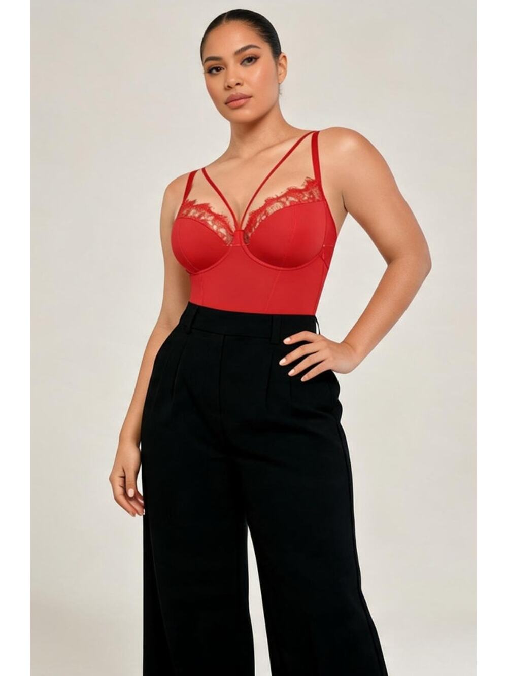 SHAPELLX Lace Bodysuit Shapewear Red L Plunge Lace Trim Bodysuit